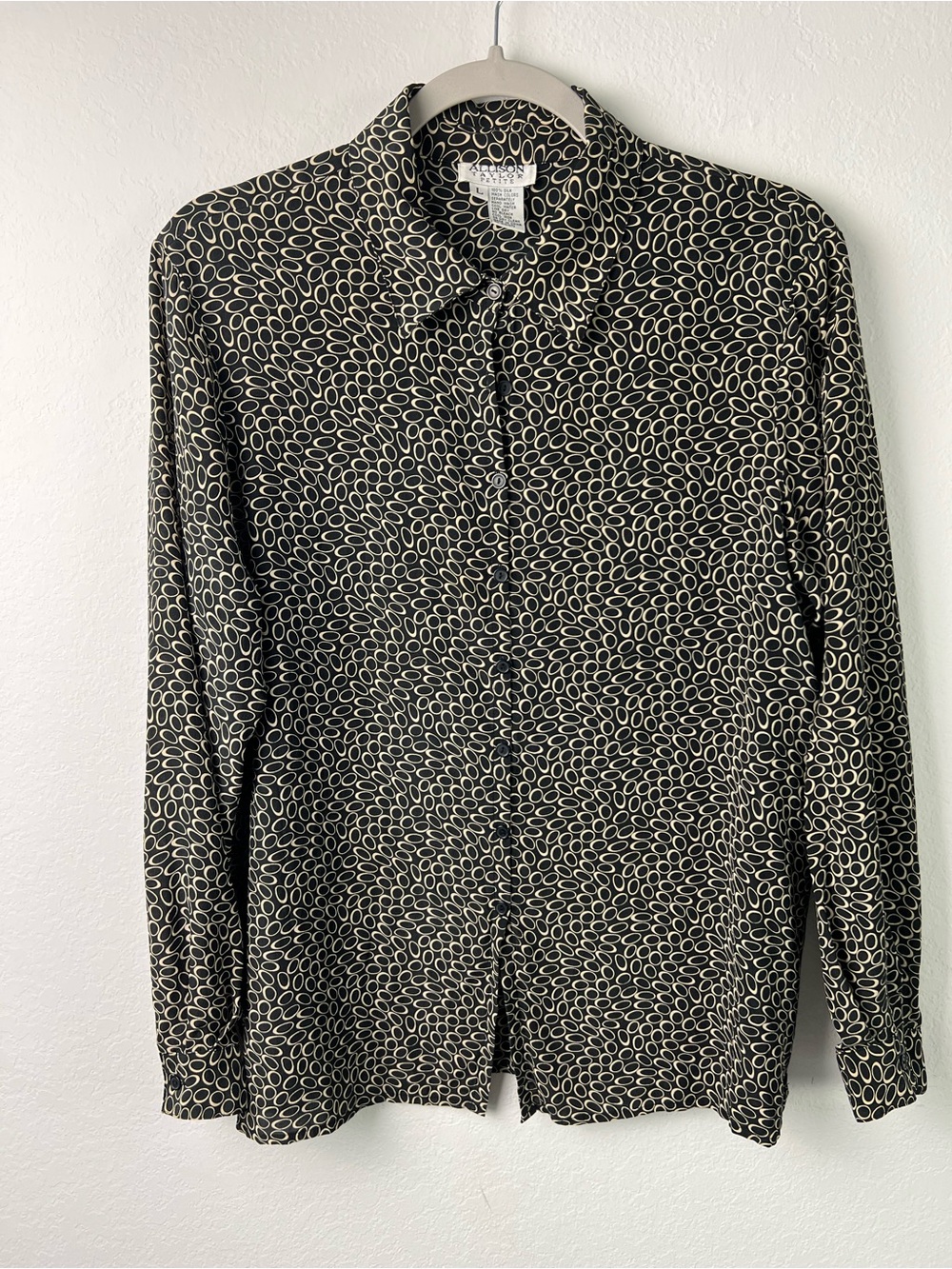 Allison Taylor Silk Black Tan Oval Design Long Sleeve Office Formal Blouse